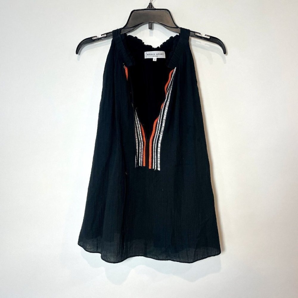 Apiece Apart‎ Boho Tank Tunic Top Womens 4 Black Sleeveless Embroidered Tie Neck